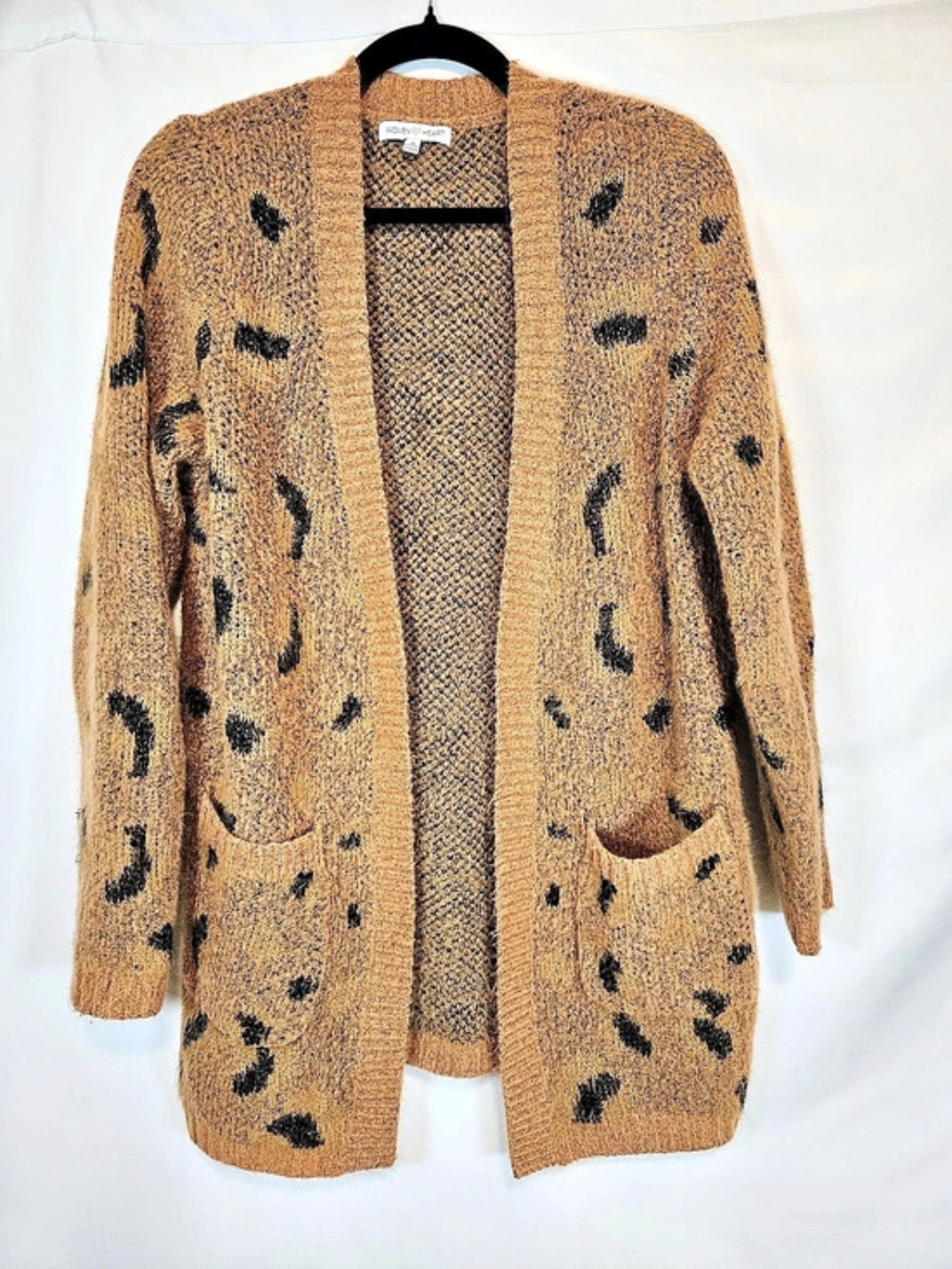 Woven Heart Leopard Print Fuzzy Open Front Cardigan Brown & Black Small